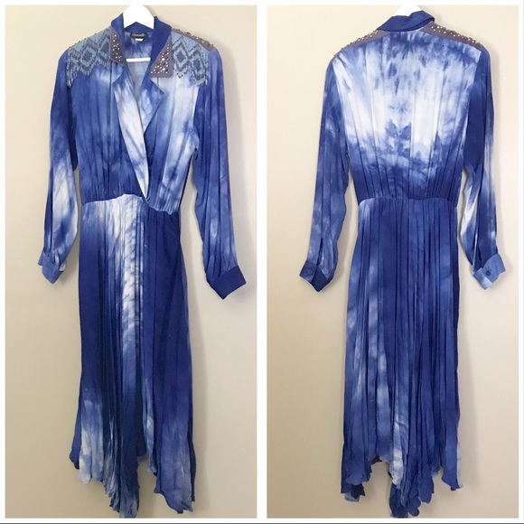 Vintage Dresses & Skirts - Vintage 80’s Western Blue Tie Dye Beaded Dress